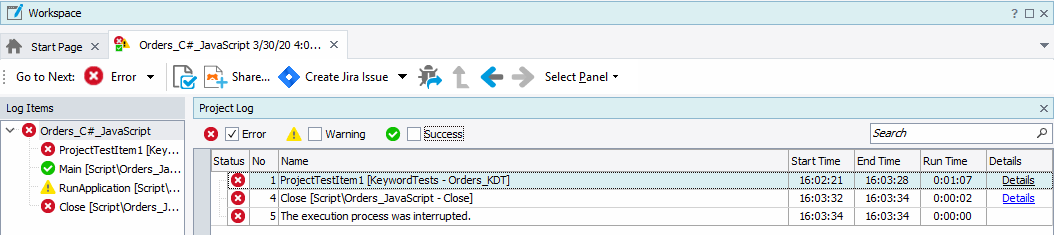 Error messages in the test log Error messages in the test log