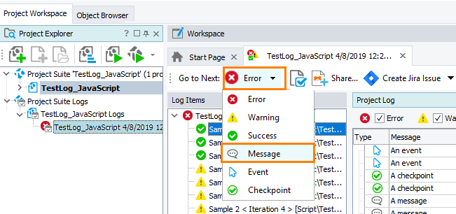 Select the type of message to which you want to navigate from the Log toolbar Select the type of message to which you want to navigate from the Log toolbar