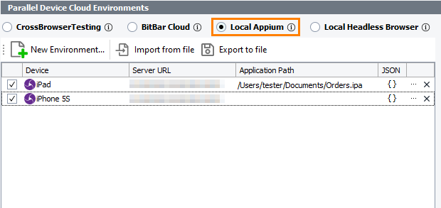 The Parallel Device Cloud Environments panel - The Local Appium mode The Parallel Device Cloud Environments panel - The Local Appium mode