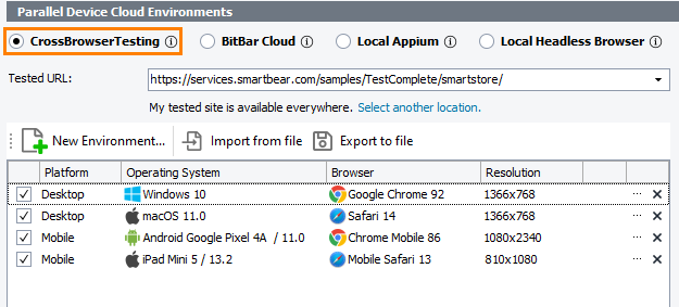 The Parallel Device Cloud Environments panel - The CrossBrowser Testing mode The Parallel Device Cloud Environments panel - The CrossBrowser Testing mode