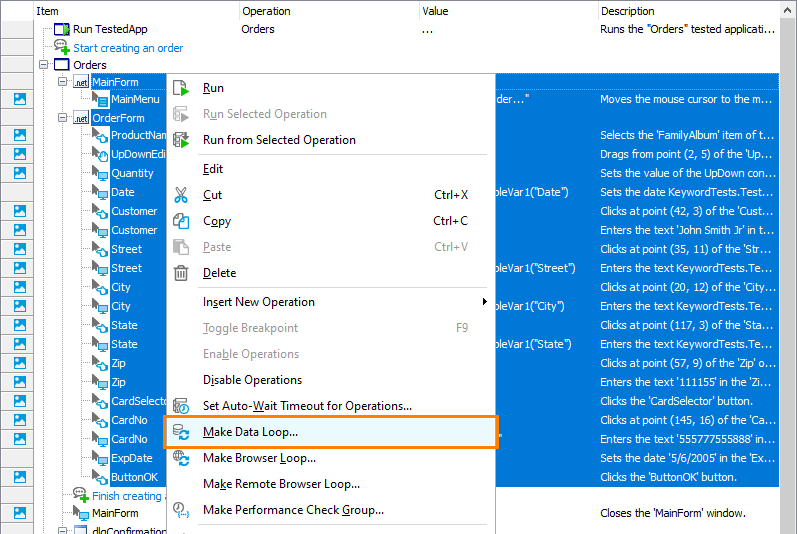 Selecting Make Data Loop command