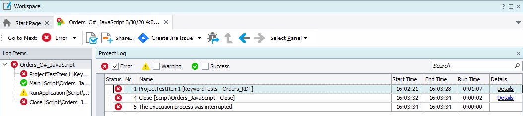 Error messages in the test log