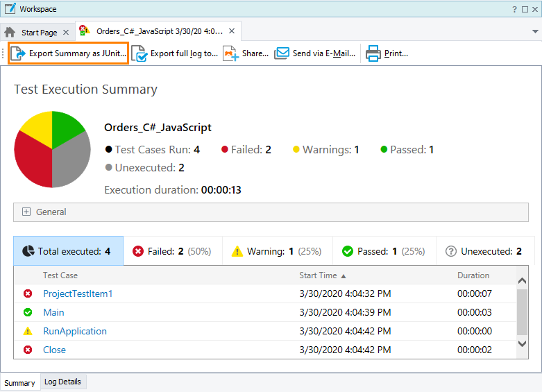 Exporting the Summary report to JUnit in TestComplete