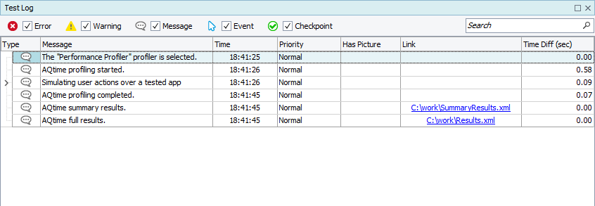 Profiling results in the test log