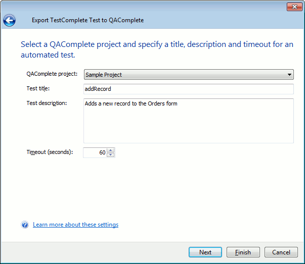 Exporting to QAComplete: Select a QAComplete project, title, descrition and timeout for a test