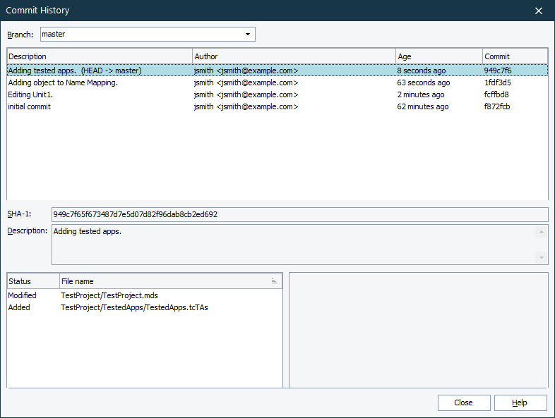 The built-in Commit History dialog of TestComplete