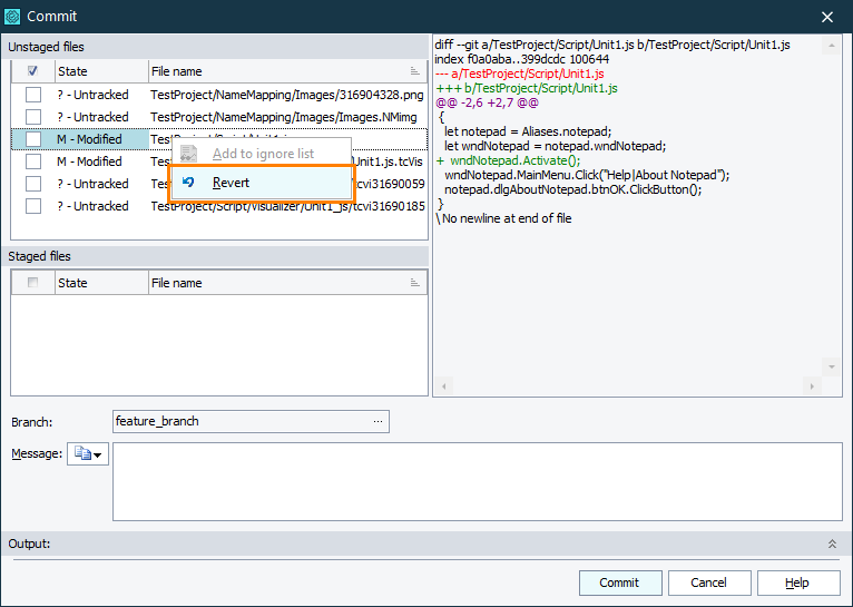 Reverting files via built-in Commit dialog