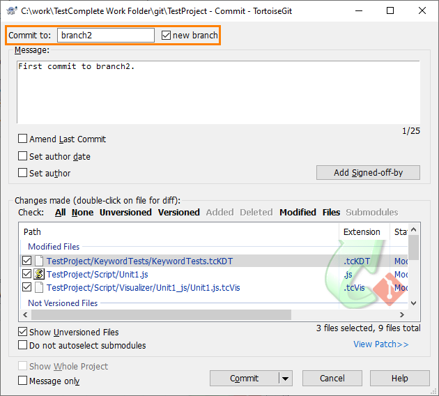 Creating branches via TortoiseGit Commit dialog