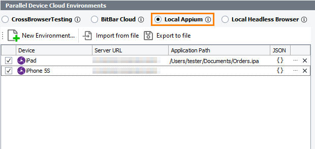 The Parallel Device Cloud Environments panel - The Local Appium mode