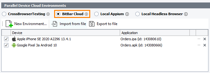 The Parallel Device Cloud Environments panel - The BitBar Cloud mode