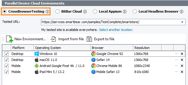 The Parallel Device Cloud Environments panel - The CrossBrowser Testing mode