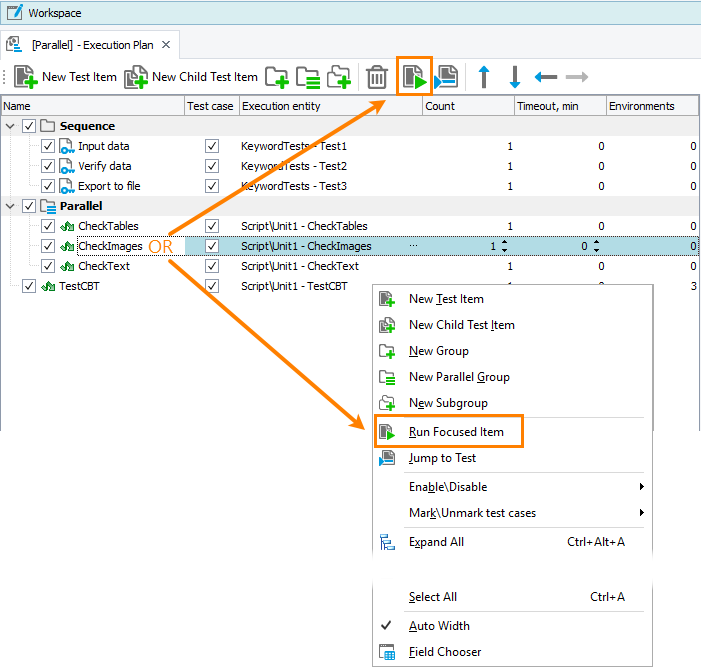 Running Test Items in the Execution Plan editor