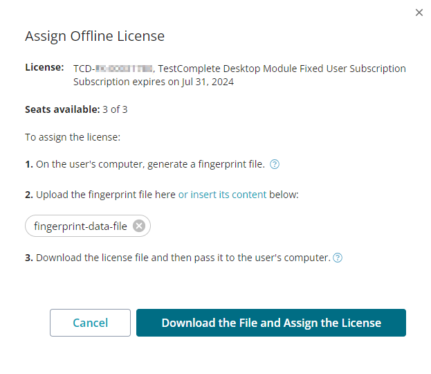 The Assign Offline License dialog