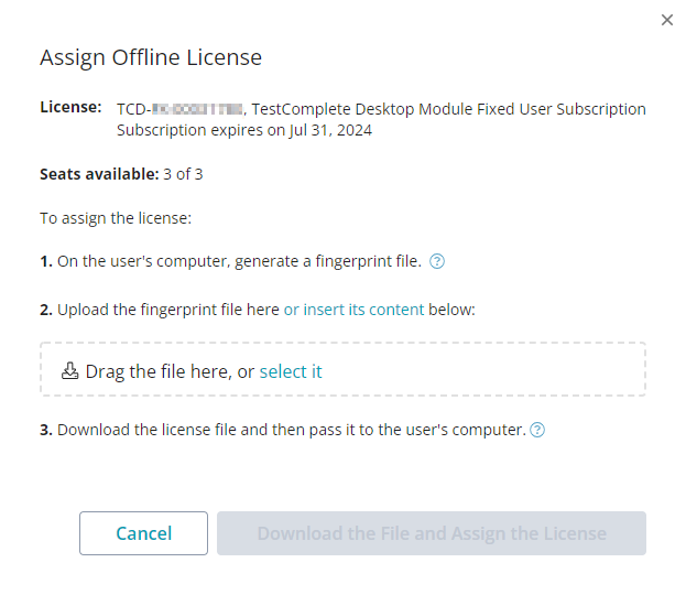 The Assign Offline License dialog