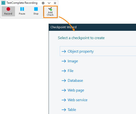 Creating checkpoints via the wizard during test recording