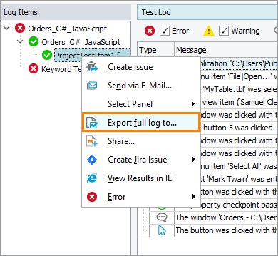 Exporting a partial log