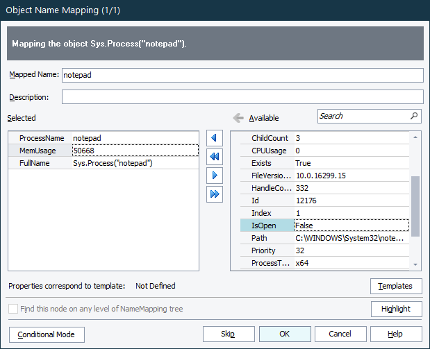 Object Name Mapping dialog - Basic mode