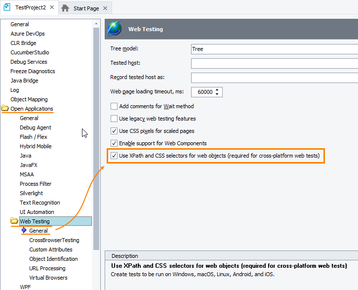 The new 'Use XPath and CSS selectors for web objects' option in project properties The new 'Use XPath and CSS selectors for web objects' option in project properties