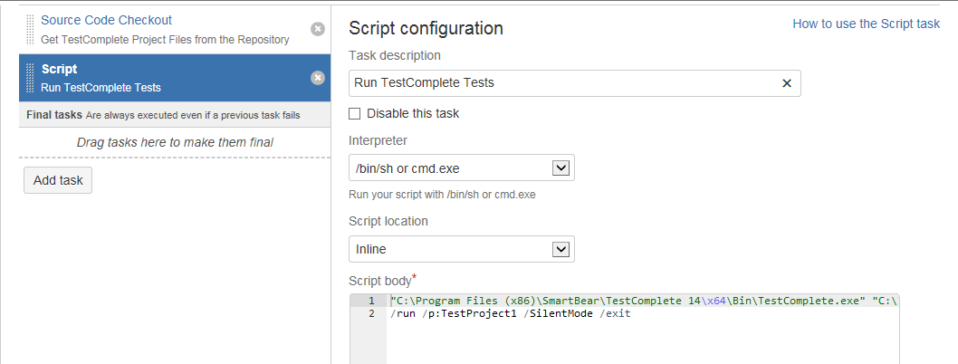 Running TestComplete tests from Bamboo by using a batch file Running TestComplete tests from Bamboo by using a batch file