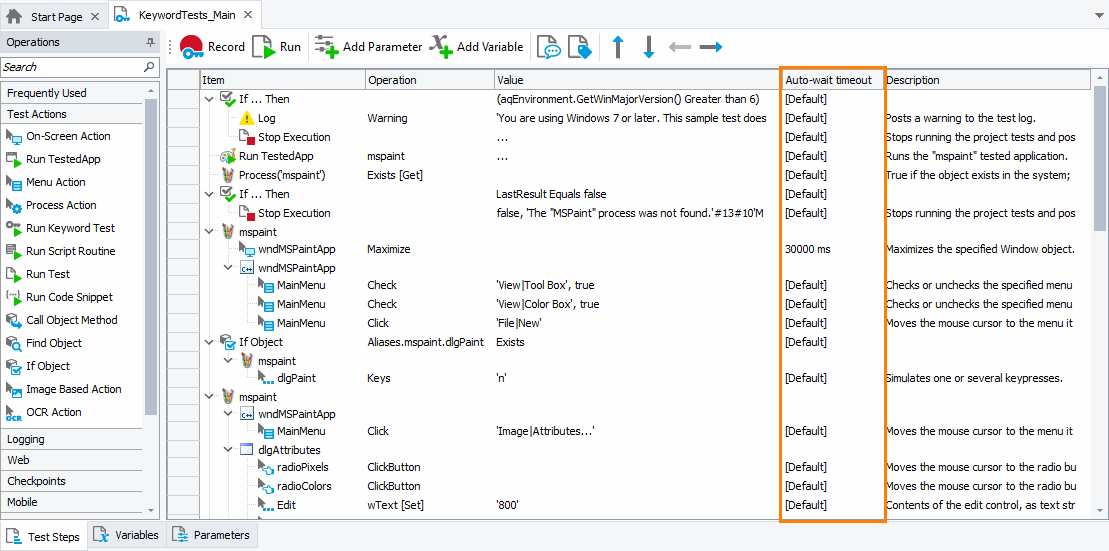 Auto-wait timeout column in the Keyword Test editor