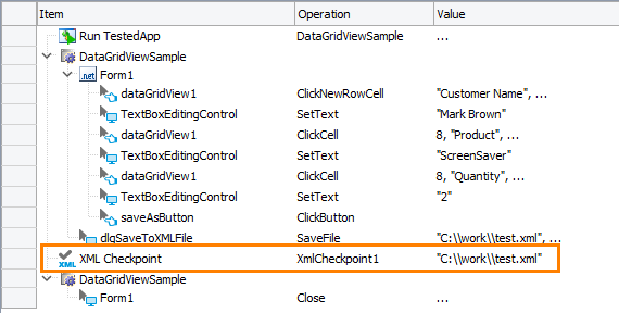 XML checkpoint in a keyword test