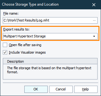 Select Multipart Hypertext Storage to export TestComplete test results to MHT