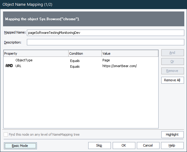 Object Name Mapping dialog - Conditional mode