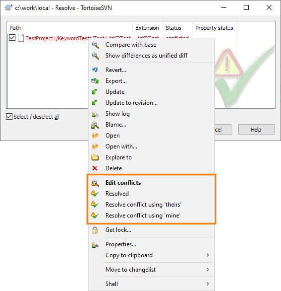 Resolving Conflicts via TortoiseSVN Resolve Dialog