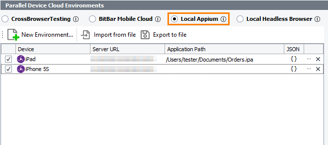 The Parallel Device Cloud Environments panel - The Local Appium mode