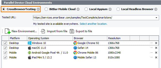 The Parallel Device Cloud Environments panel - The CrossBrowser Testing mode