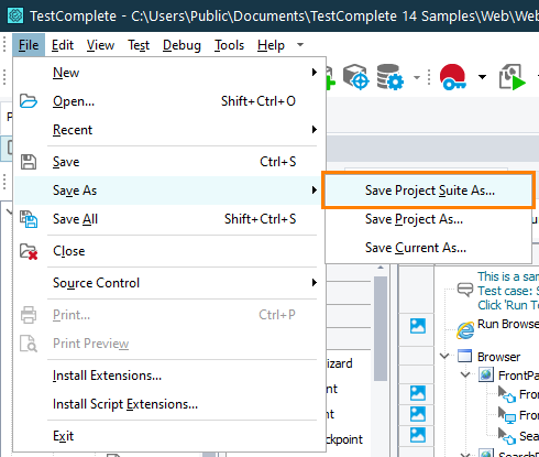 Creating a backup copy of a TestComplete project suite from TestComplete IDE