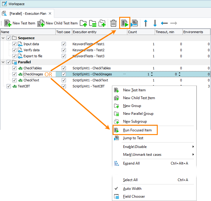 Running Test Items in the Execution Plan editor