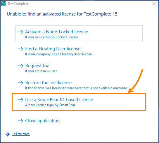 The 'Use a SmartBear ID-based license' command