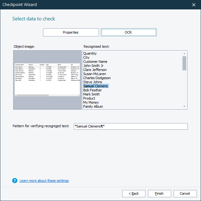 OCR Checkpoints: The Select Data to Check page of the OCR Checkpoint wizard