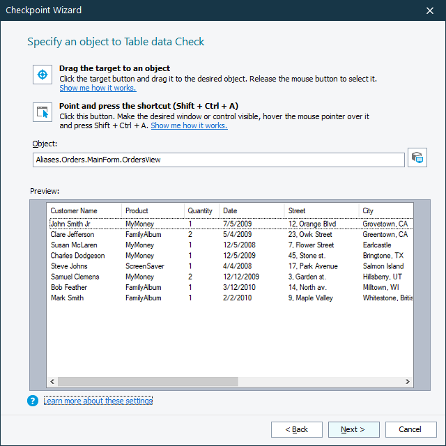 Table Checkpoints: Selecting table object