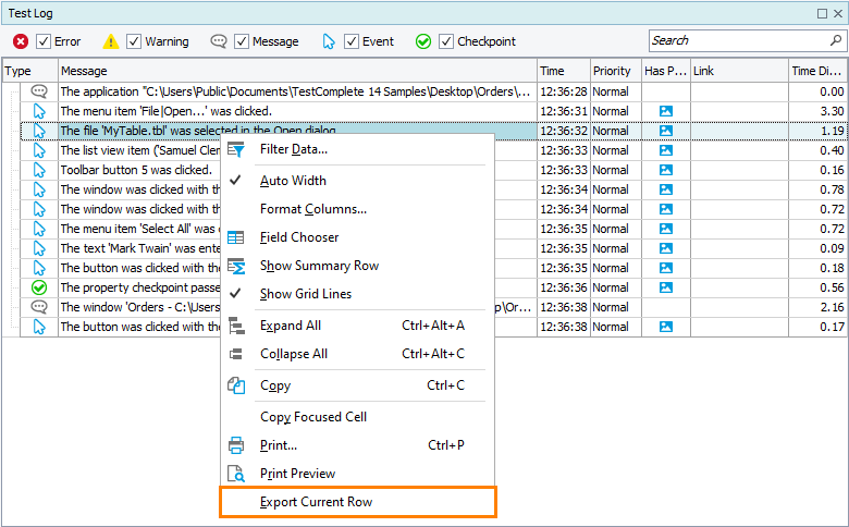 Exporting the current log row