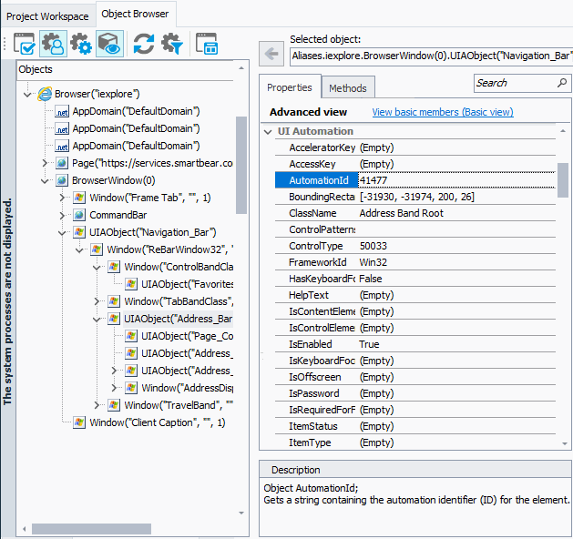 Object Browser displays properties exposed by the UI Automation providers