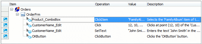 A sample keyword test recorded against a Delphi application