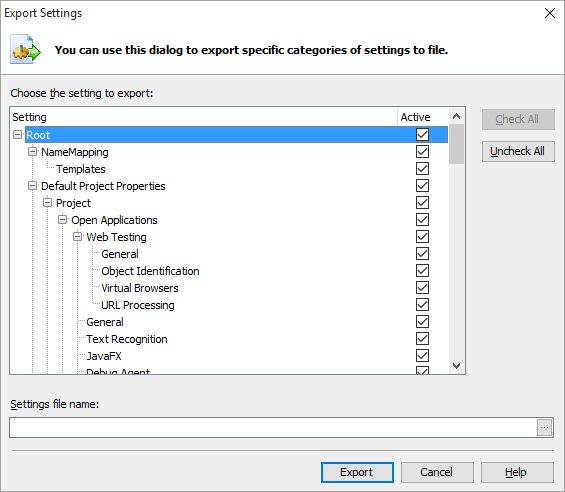 Export Settings Dialog