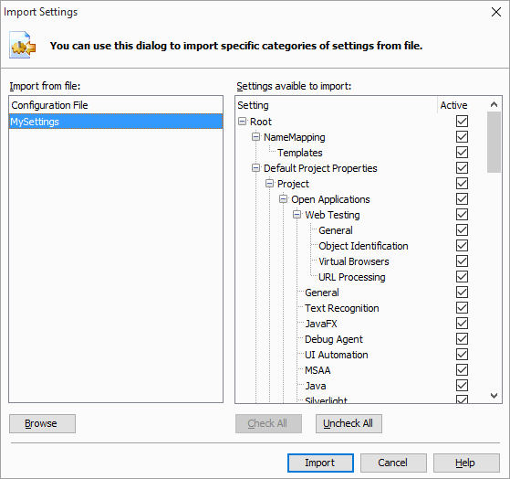 Import Settings Dialog