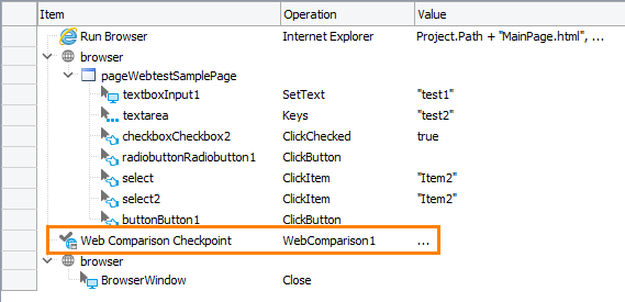 Web comparison checkpoint in a keyword test