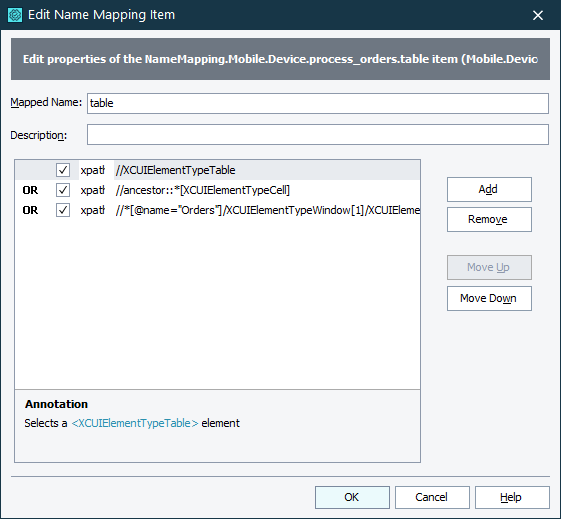 Edit Name Mapping Item dialog - Selectors mode