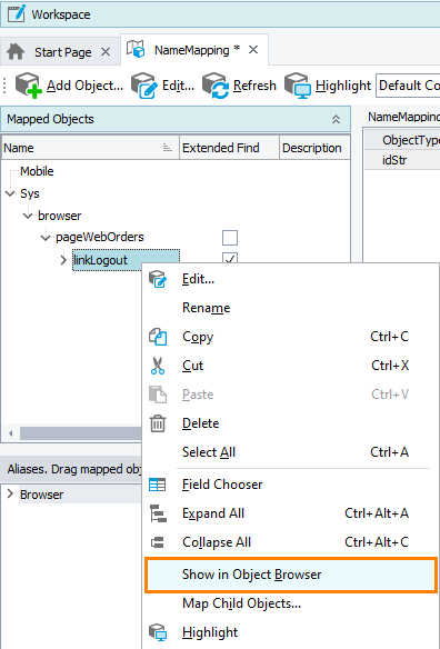 Name Mapping editor: Show in Object Browser command