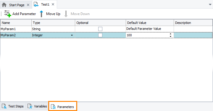 The Parameters page of the Keyword Test editor