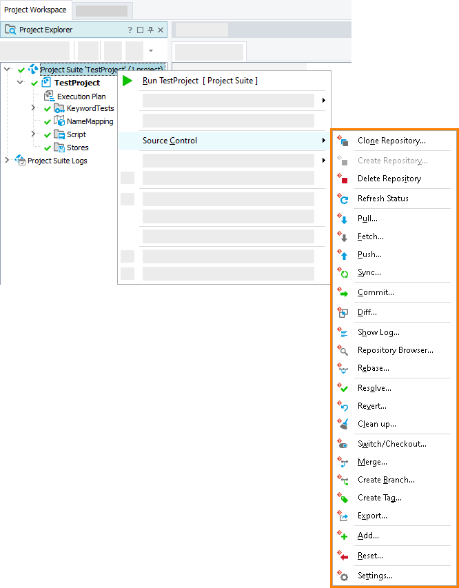 Items of the Source Control menu with TortoiseGit integration enabled.