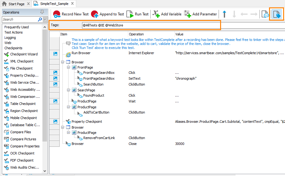 A keyword test with tags assigned What's New in TestComplete 14.20: A keyword test with tags assigned