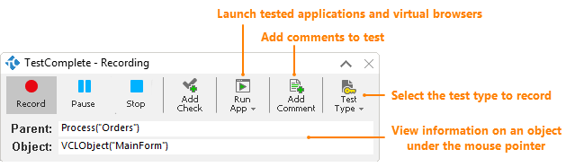 Recording toolbar in TestComplete 12.3 - Expanded