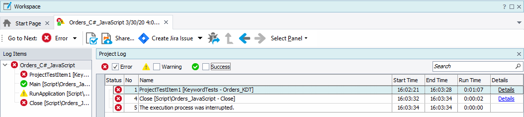 Error messages in the test log