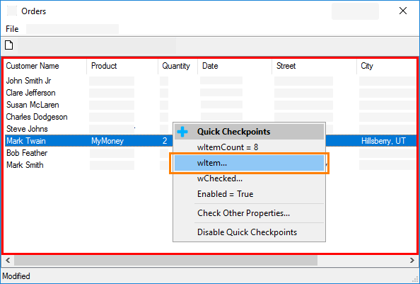 Getting Started with TestComplete (Desktop): Select wItem property from the list