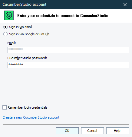 CucumberStudio Account dialog box